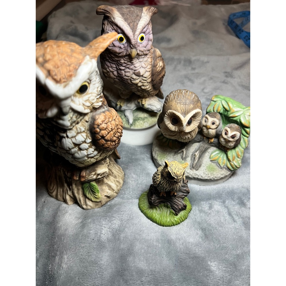 Vintage Owl Figurines Collection Ceramic Leffton Taiwan Owl Family Decor‎
